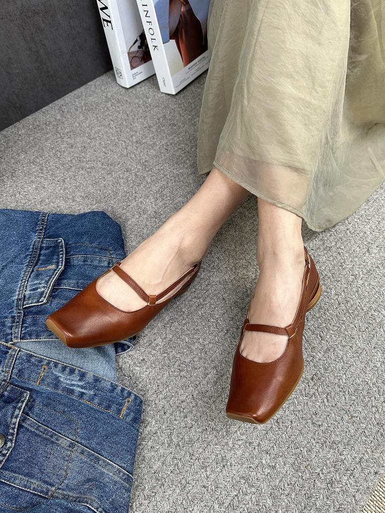 Johnature Echtes Leder Retro-Pumps mit niedrigem Absatz, Damenschuhe, quadratische Zehen, flache, bequeme Loafer-Schuhe