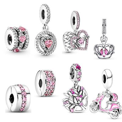 Gümüş 925 Pembe Pavé Klip Aile Ağacı Halo Kalpler Scooter Dangle Boncuk Charm Fit Bilezik Takı Kadınlar için