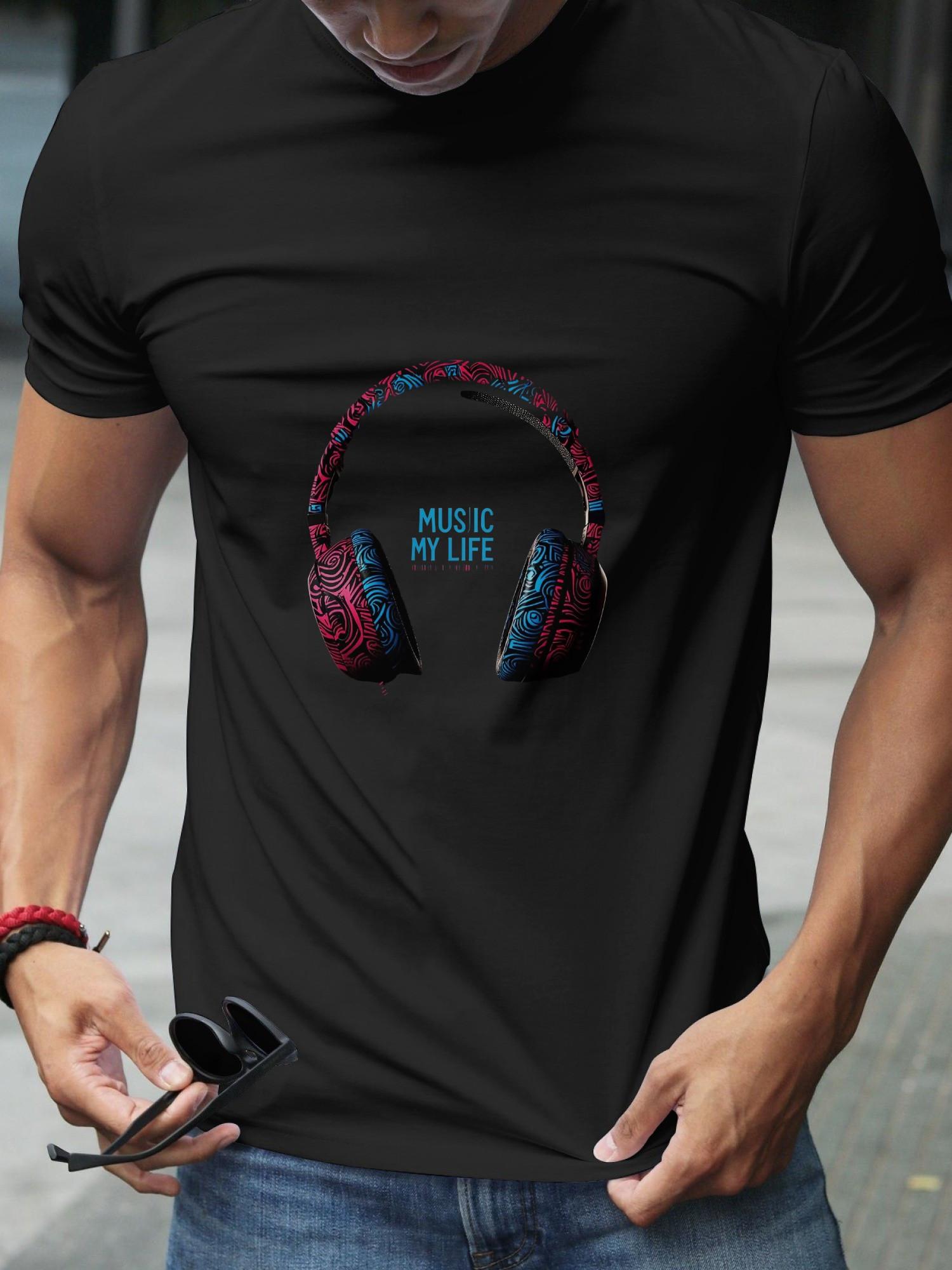 1pc Music Lover Graphic T-shirt - Bold MUSIC IS MY LIFE Print with Headphones Design XXXL