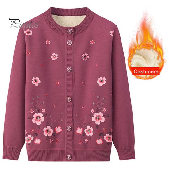 Single-breasted Mother Winter Sweater Coat Flower Print Cardigan Buttons Elastic Keep Women Warm Round Neck Plus Size Grandma Clothing
