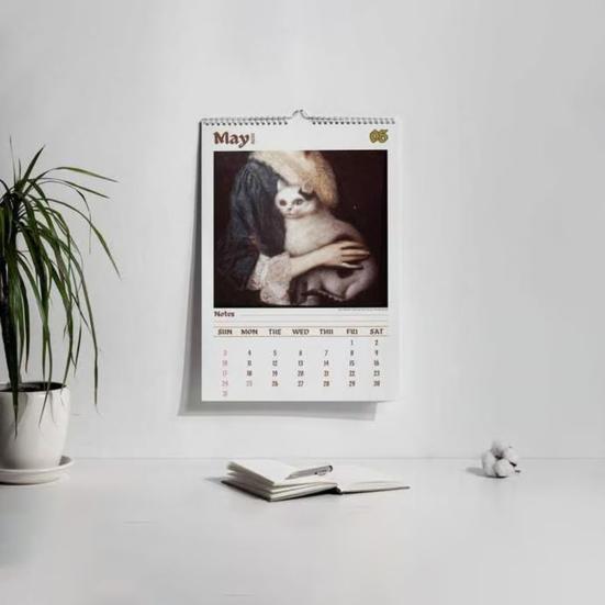 2026 Cat Wall Calendar Funny Weird Cats In Renaissance Art Monthly Planner with Clear Date Boxes Spiral Bound Calendar for Home Unique Cat Lover Gifts