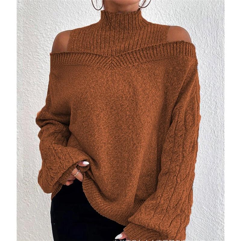 Maglione da Donna Collo Alto a Spalle Scoperte Casual Morbido a Treccia Pullover Manica Lunga Autunno Inverno Maglia Top