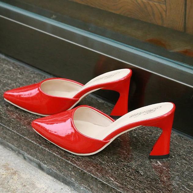 Plus Size Pointed Toe Leather Heels - Shallow Mouth, Thin Heel, Solid Color, Lazy Shoes (Size 42)