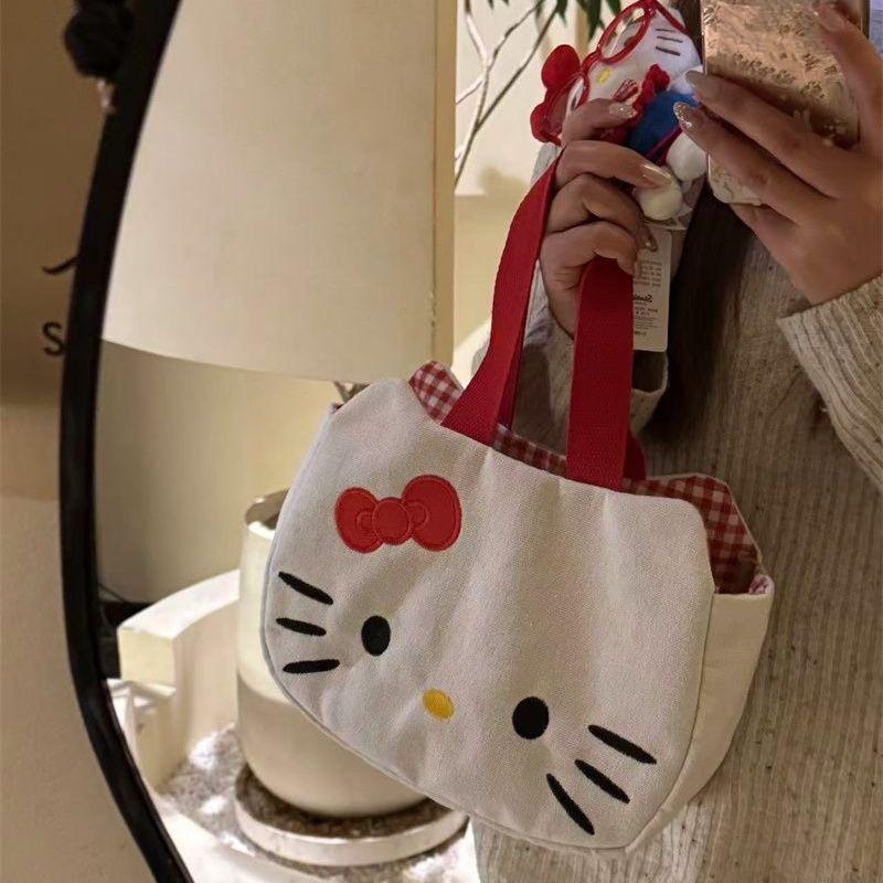 Cute  Kitty Canvas Bag Red Tote Bag Large Capacity Portable Tote Bag Shoulder Handbag Commuting Travel Bag For Daily Use
