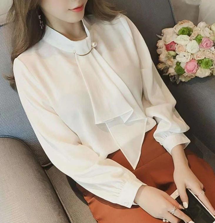 

Korean Style Lantern Sleeve Knitted Ring Buckle Chiffon Blouse - Women s Long Sleeve Pullover Top M білий