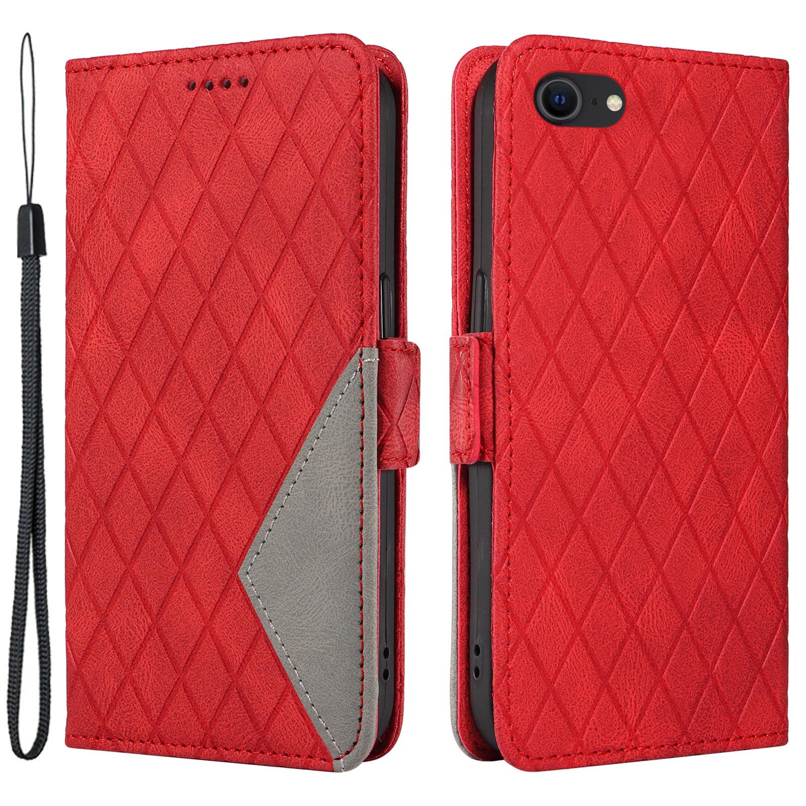 

For iPhone 6/6s/7/8/SE (2020)/SE (2022) Rhombus Imprinted Stand Cover Color Splicing Phone Leather Wallet Case Red