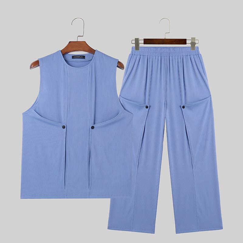 

INCERUN комплект из 2 предметов, мужские топы без рукавов с круглым вырезом и длинные узкие брюки S синий