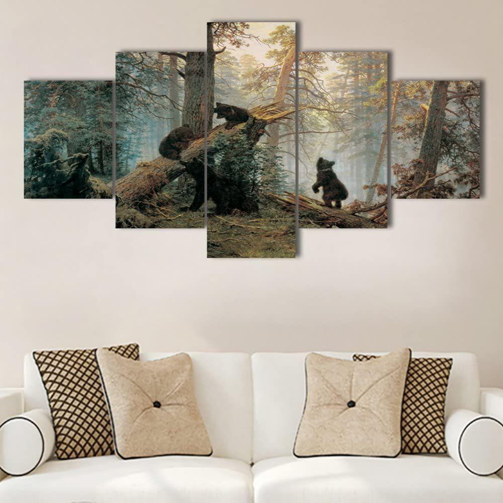 

Без рамы, 5 панелей, черные медведи, играющие на упавших сломанных деревьях, холст, постеры, настенные художественные картины для гостиной, домашний декор 40x60cm*2 40x80cm*2 40x100cm*1