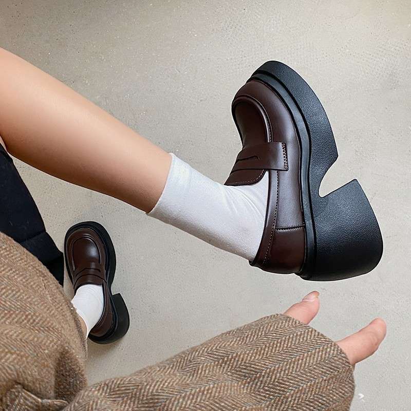 Platform British Style Small Leather Shoes Women's Thick Autumn High Heels One Pedal French Loafers Versatile Height-increasing Small Shoes