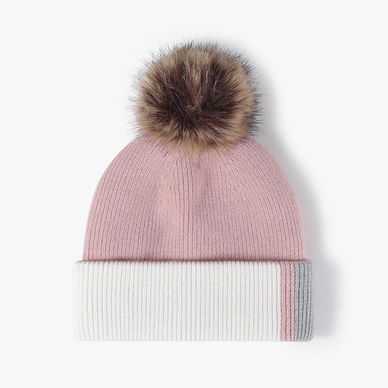 Knitted Color Block Beanie with Pom Pom for Women, Autumn and Winter, Fleece-Lined, Versatile Wool Hat розовый
