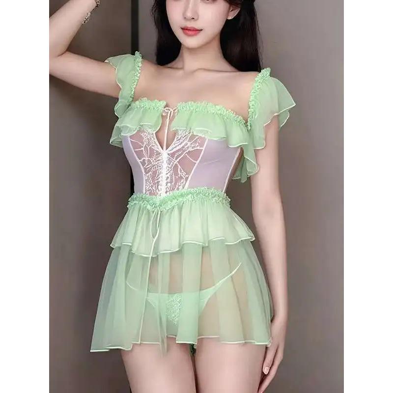 New Sexy Sexy Pure Desire Summer Sweet Girl Hip-revealing Strap Transparent Dress Elegant Nightdress Green Sweet Mini Dress 18J6
