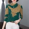 Women's Half-High Collar Long-Sleeved Plus Velvet Printed Slimming Shirt for Middle-Aged and Older Adults