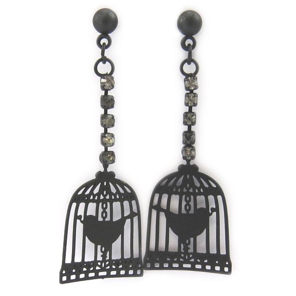 Les Trésors De Lily [L5629] - Black 'Carmen' Earrings (caged Bird)