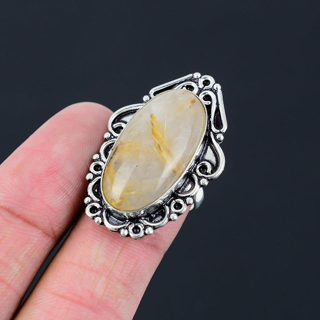 Sisters Day Sale 925 Silver Oval Golden Rutile Stone Statement Wife Ring US 7.5