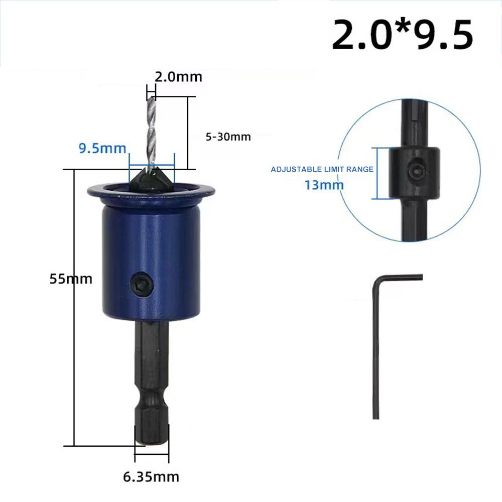 6.35mm 1/4 Inch Shank Countersink Drill Bit Woodworking Counterbore Hole Drill Bit Adjustable Depth Stop Limit Hex Shank Drill