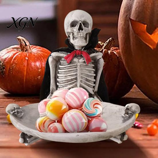 Halloween Party Supplies Skeleton Decorative Tray, Gothic Storage Tray with Black Cape Red Desktop Jewelry Organizer Bow, Multifunctional for