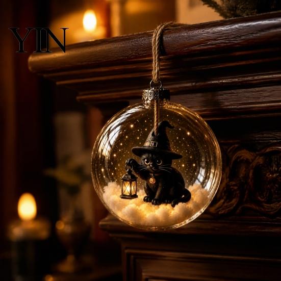 Festive Hanging Decoration Halloween Clear Ball Decoration, Glowing Sphere Ornament with Skeleton, Pendants Pumpkin, Spider Web, Black Cat Decor,