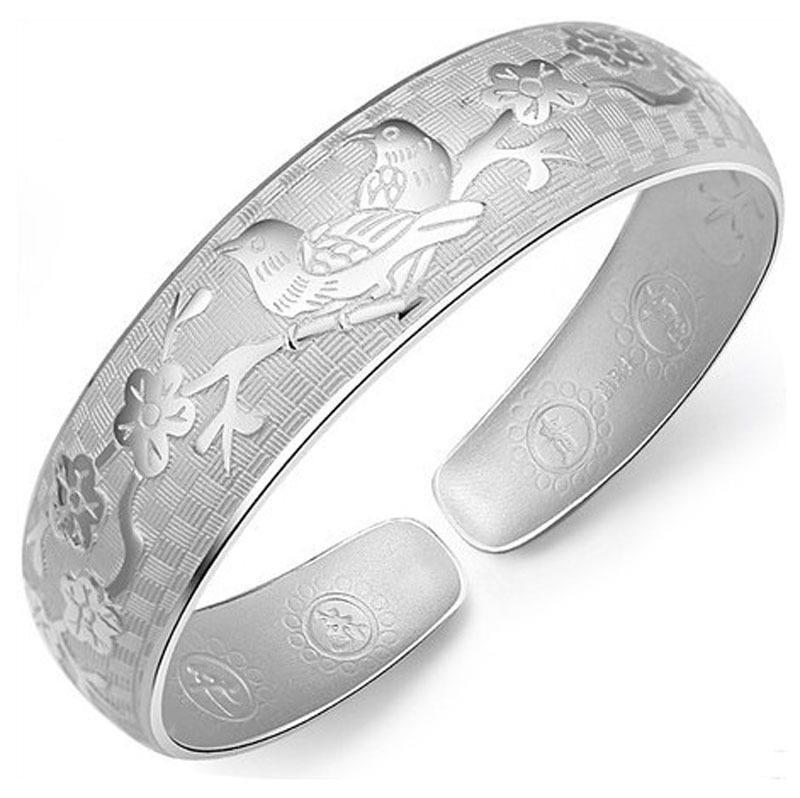 Jin Yali Silver-Plated Magpie Lotus Wide Open Bracelet for Women