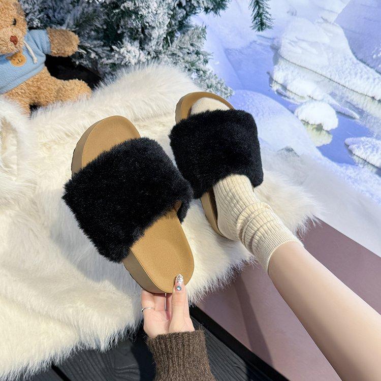 [Youshilai] Thick-soled Heightening Fluffy Slippers for Women's 2025 Autumn and Winter New Models with Simple Temperament and Versatile Slippers