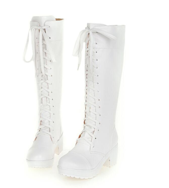 Long boots, women's new autumn and winter cos shoes, white, black, tall front lace-up Martin boots, medium heel women's boots.