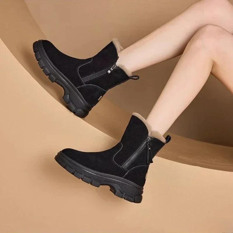 Women's Snow Boots Winter Solid Color Plush Female Snow Boots Zipper Thick Bottom Anti Slip Warm Cold Proof Cotton Shoes
