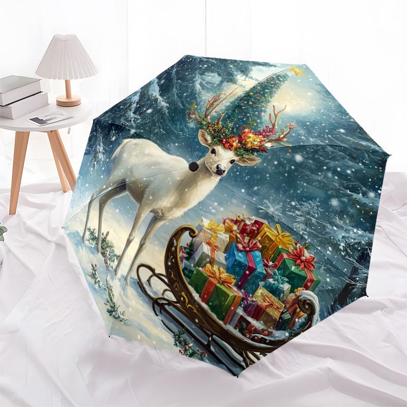 1 PC Automatic Folding Umbrella - Deer with Presents Pattern, Portable & Foldable Design with 8 Ribs, Christmas Birthday Gifts