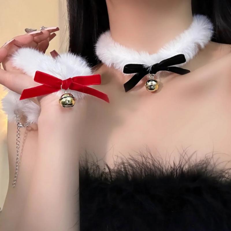 Christmas White Plush Choker Bowknot Bell Charm Fluffy Choker For Girls Women Party Necklace Fashion Jewelry New Year Gifts