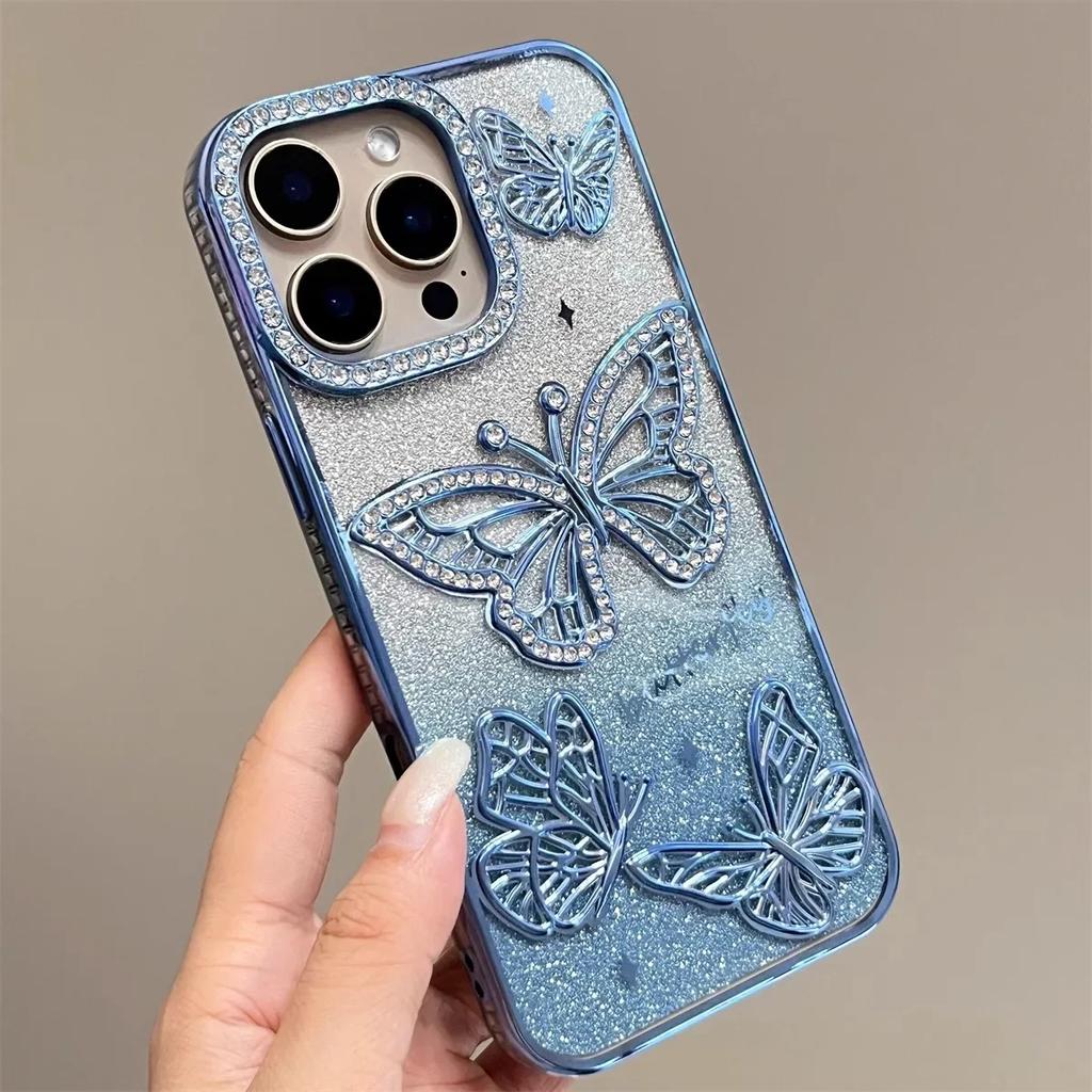 Women Girl's Diamond Butterfly Phone Case for iPhone 17 16 Pro Max 11 12 13 14 15 Plus Transparent Plating Soft Silicone Cover