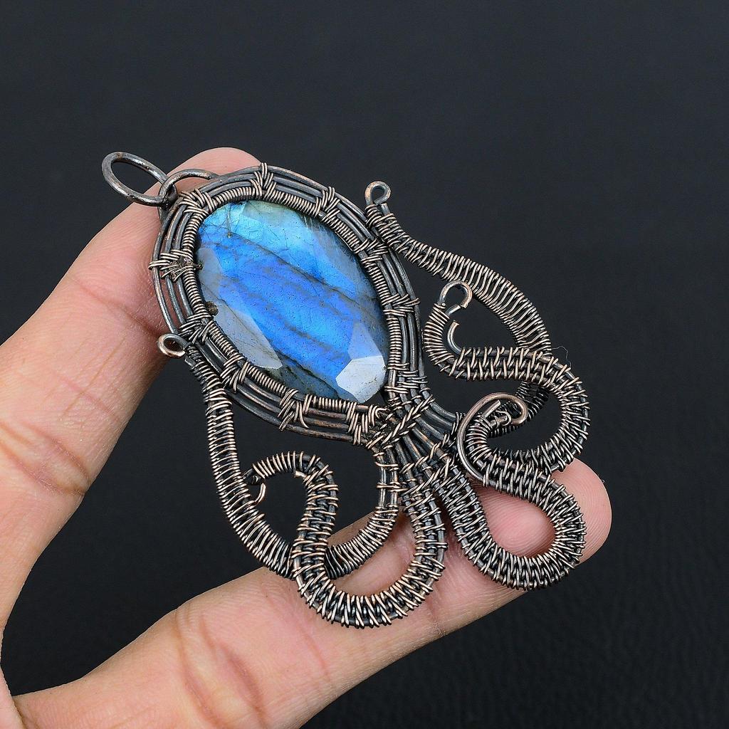 Labradorite Pendant, Handmade Gemstone 999 Copper Wire Wrapped Pendant Antique Jewelry, For Gift Silver Jewelry