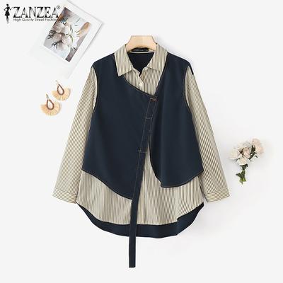 Women Casual Stripe Print Patchwork Loose Long Sleeve Blouse