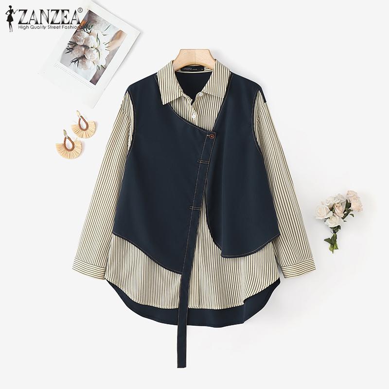 ZANZEA Women Casual Stripe Print Patchwork Loose Long Sleeve Blouse