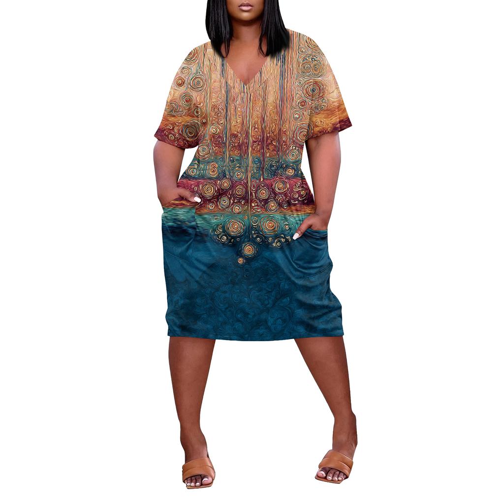 Letní nadměrné velikosti V výstřih krátký rukáv ke kolenům kapsa potisk ležérní šaty pro ženy