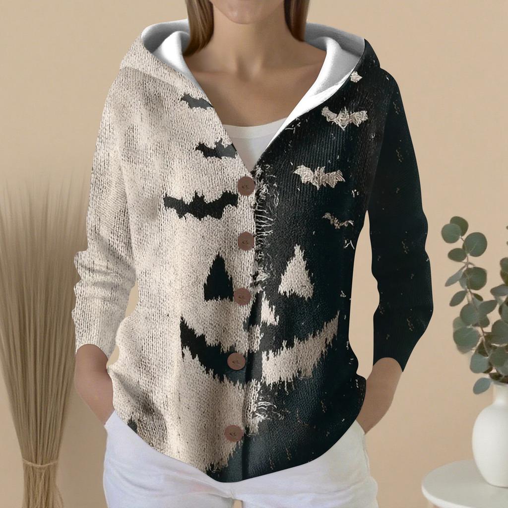 Mote for kvinner, avslappet genser, knappestrikkejakke med trykk, hettejakke