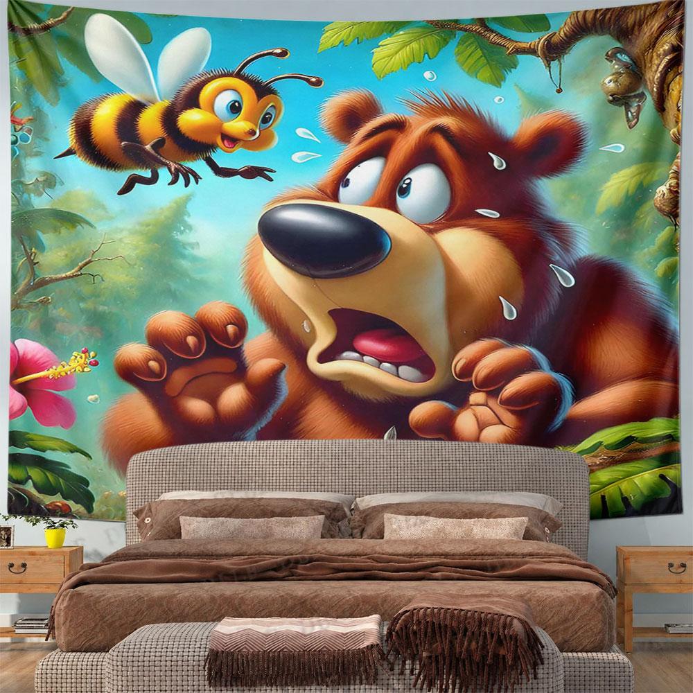 "Bear Scared by Bee in Cartoon Forest" Pattern Wall Hanging Tapestry Decorative Tapestry Home Decor for Bedroom and Living Room