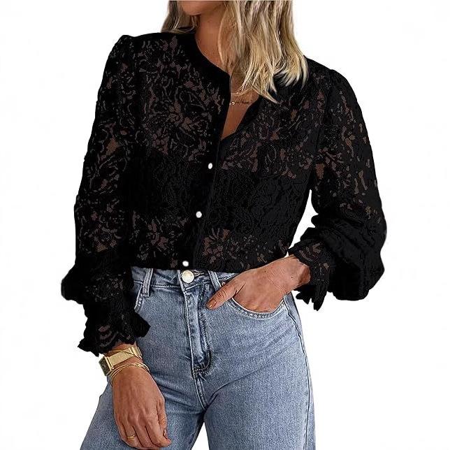 Ladies Spring Summer Hollow Lantern Sleeve All Match Blouse Lace Shirt Top