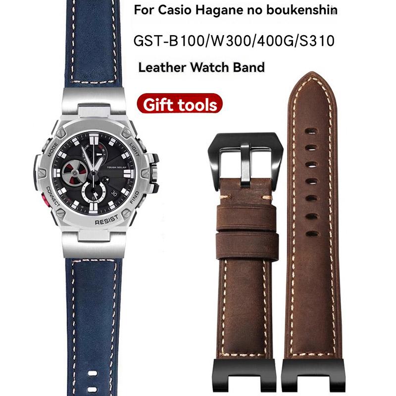 Genuine Leather Watch Strap for Men G-SHOCK Casio Steel Heart GST-B100 GST-W300 GST-S140/1110/S120 Bracelet Cowhide Watchband