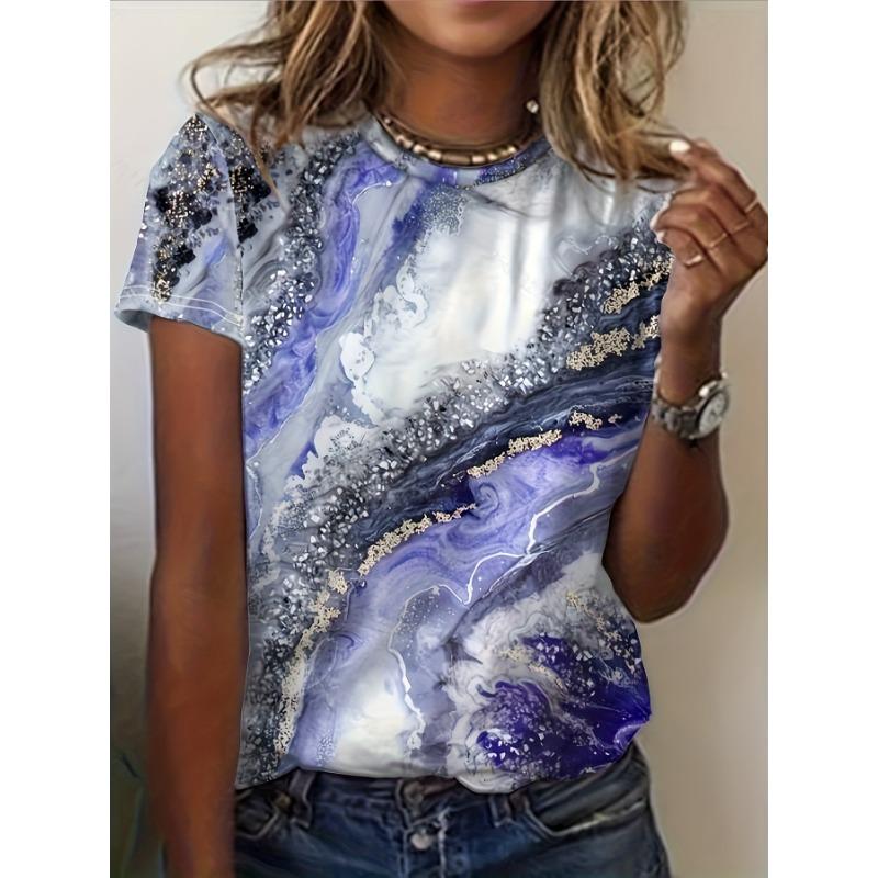 Summer new women's fashionable water ripple 3D printed round neck short sleeved T-shirt casual women's base top