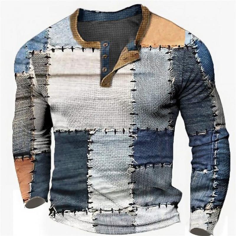 Men's New Long Sleeve T-Shirt 3D Printed Patchwork Color Casual Fashion Open Front 3 Button T-Shirt