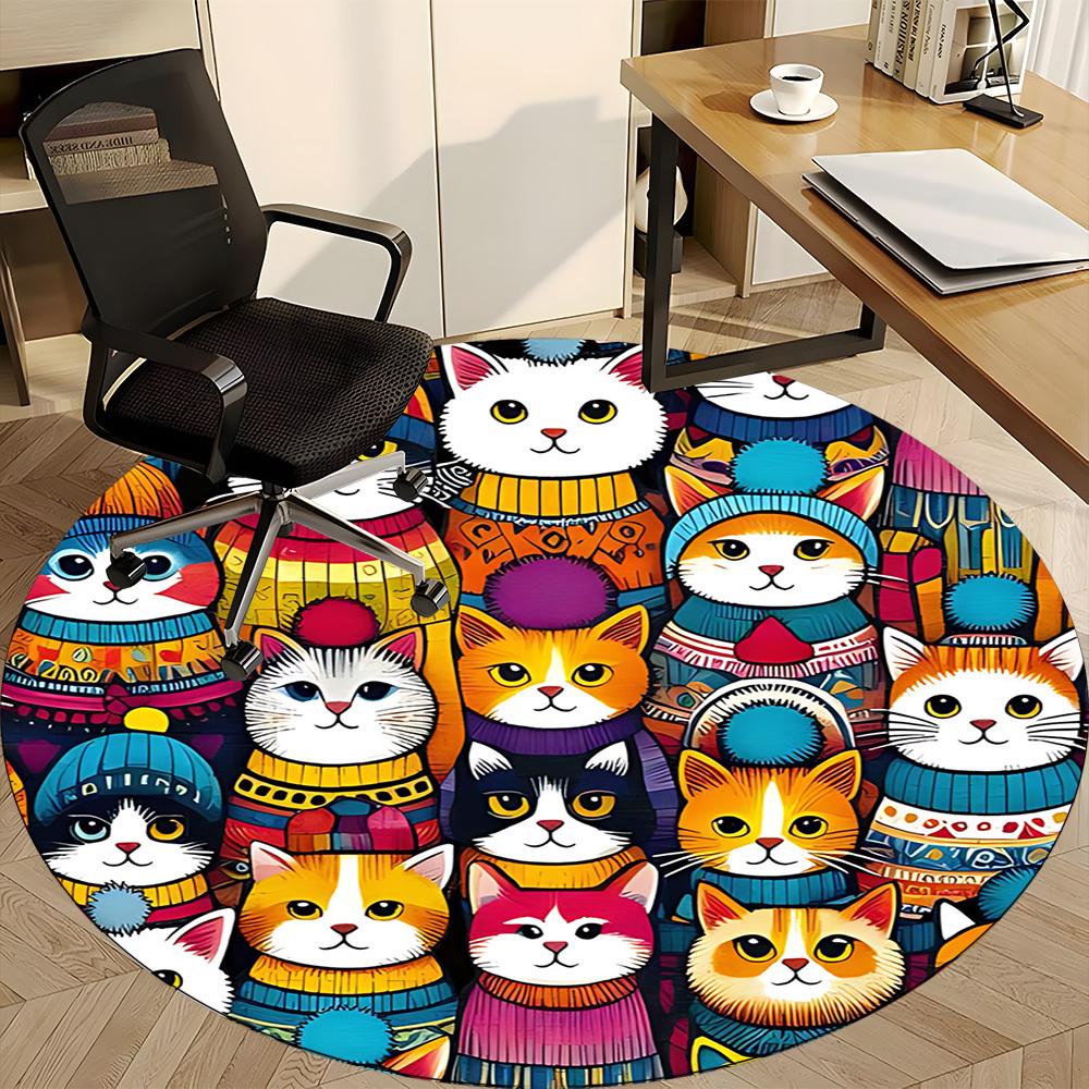 1pc Cat Winter Office Round Area Rug, Mat Suitable For Office, Under Office Chairs Bedroom Living Room Home Decor, Room Deco