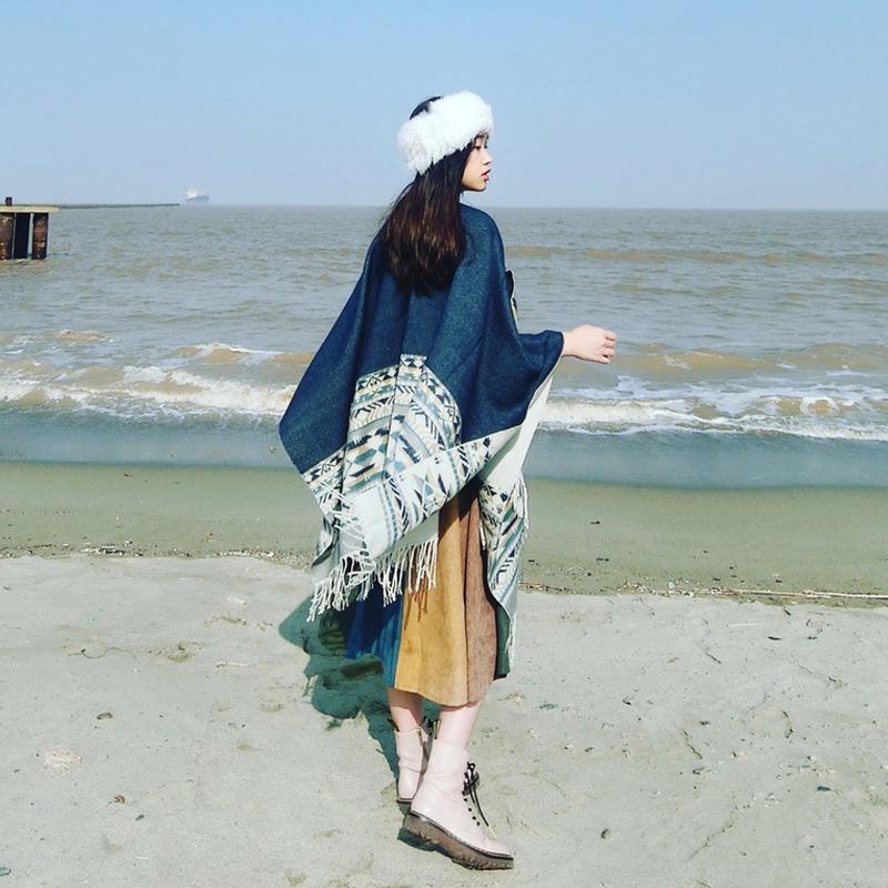 Travel large shawl women's imitation cashmere with double-sided cape geometric pattern fringe air-conditioning room cape summer