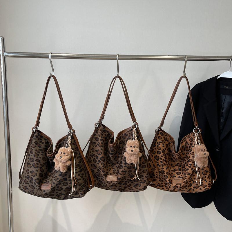 Leopard Print Tote Bag Women's Large Capacity Retro Shoulder Bag Multi-Functional Backpack