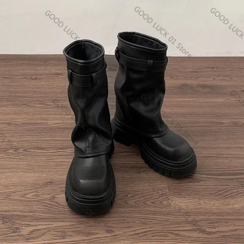 

Fashion 2025 Winter Women Biker Boots Fashion Belt Buckle Ladies Elegant Platform Flats Short Booties Casual Women s Knight Booties 35 чёрный