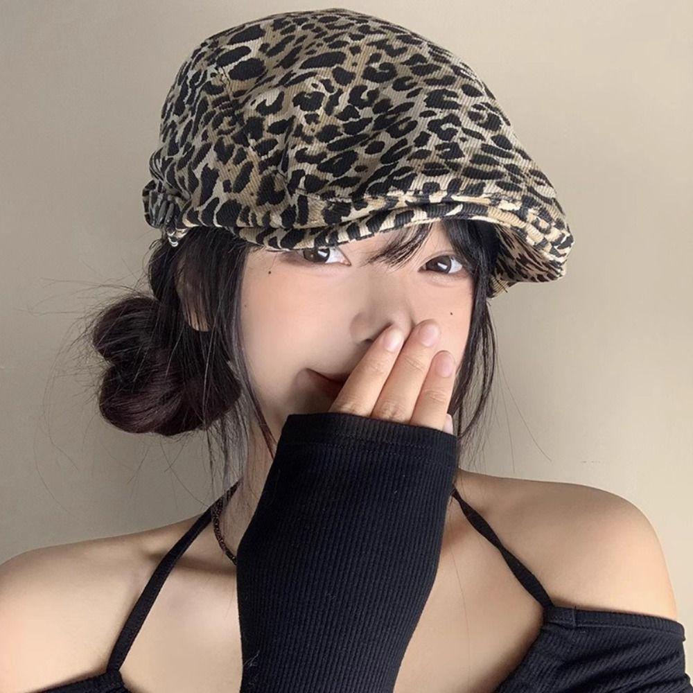 Casual Retro Leopard Print Cap Adjustable Baker Peaked British Peaked Cap Comfortable Leopard Beret Women Men