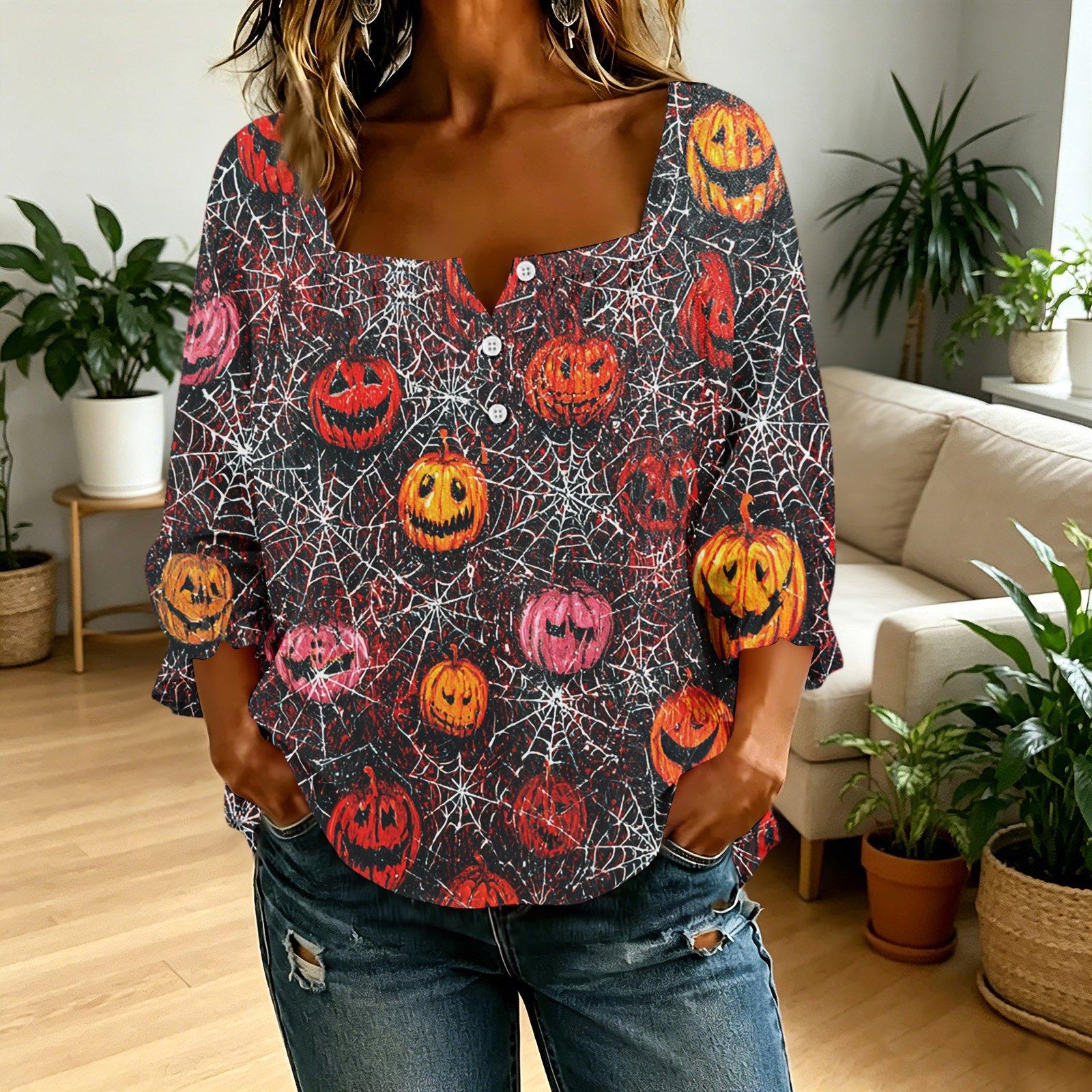 Women s Halloween Square Neck Button Front T-Shirt with 3D Print L