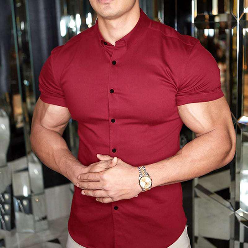 Men's Slim Fit Solid Color Short Sleeve Cardigan Shirt - Casual European and American Teen Style