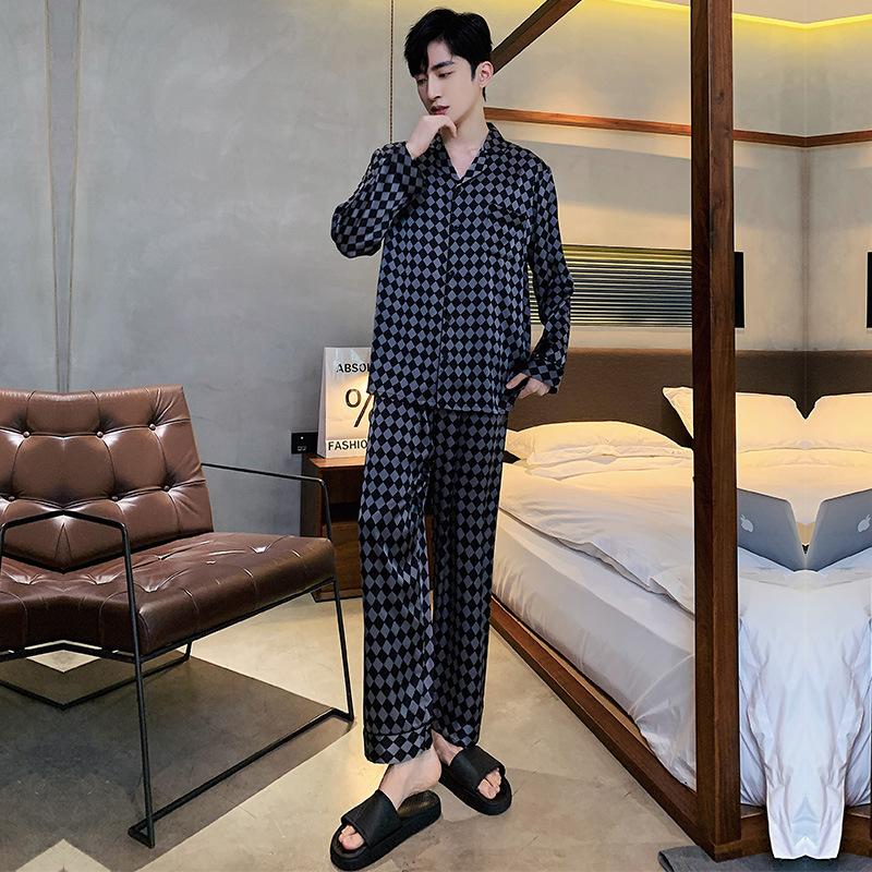 

Couple s Pajama Set Men s Spring Summer Autumn Ice Silk Plaid Long Sleeve Casual Plus Size Loungewear XXL чорний