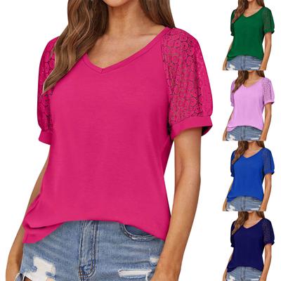 Women's Lace Short Sleeve Shirt V Neck T-Shirt Dressy Casual Tops Raglan Short Sleeve Lace Short Sleeve Panel Comfortable Cotton Top