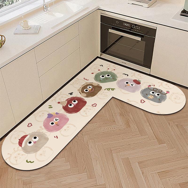 Kitchen Floor Mat with Water Oil Absorption L-shaped Diatomaceous Earth Floor Mat Household Cartoon Wear-resistant Anti Slip Mat