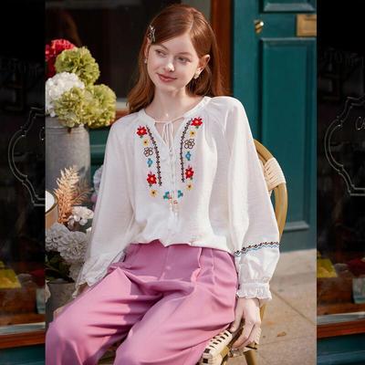 Bailuyu Damen Ethno-Stickerei V-Ausschnitt Bluse