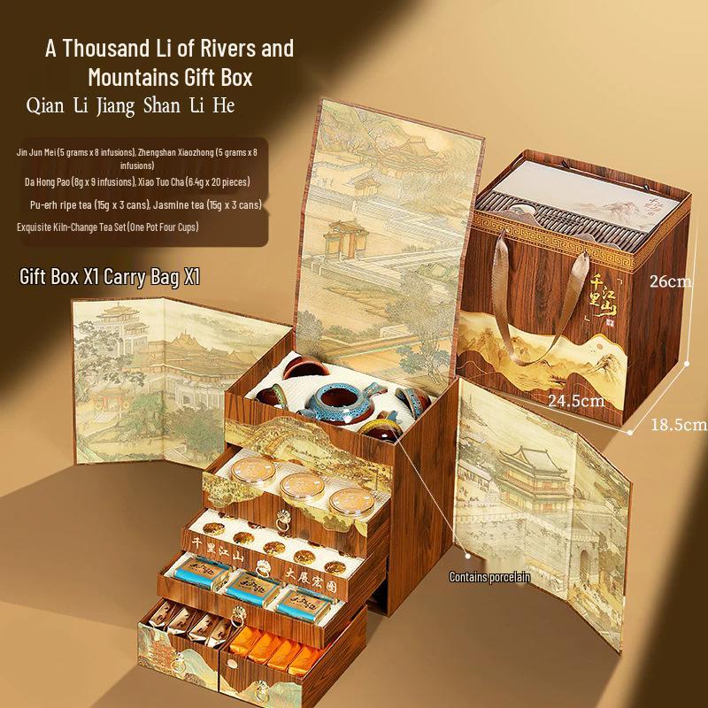 Premium Tea Gift Box: Oolong, Black, Pu-erh & Jasmine - A Thousand Li of Rivers and Mountains Collection
